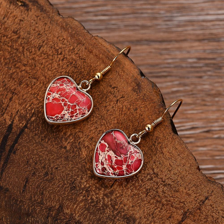 Elegant women's heart Ruby Essence Jasper gemstone dangle earrings. Handmade spiritual red stone jewelry.
