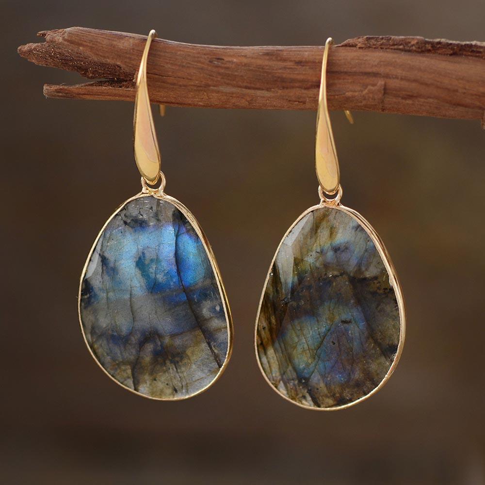 Women's handmade labradorite crystal earrings. Dreamy gemstone fashion accessory for spiritual jewelry lovers.