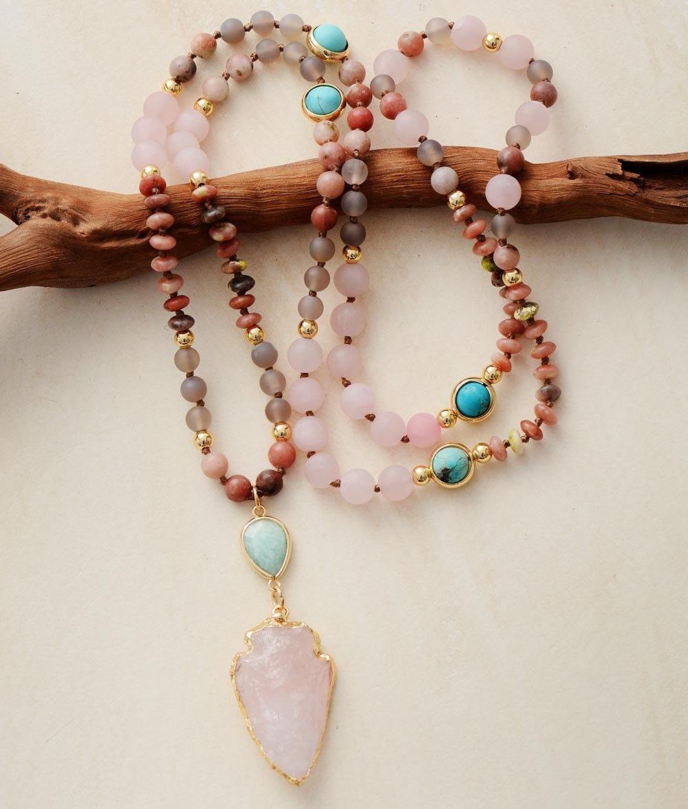 Women's handmade Rose Quartz & Amazonite gemstone protection necklace, spiritual jewelry with healing crystals.