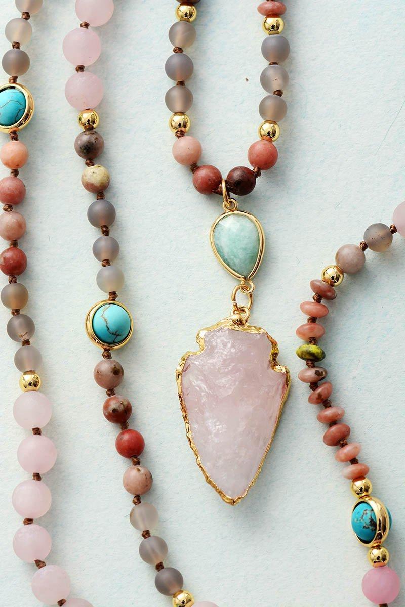 Elegant women's Rose Quartz & Amazonite gemstone necklace. Handmade spiritual jewelry for protection & healing energy.