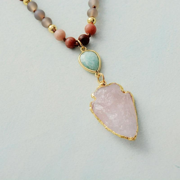 Rose Quartz & Amazonite gemstone necklace. Handcrafted women's spiritual jewelry for protection, peace, and healing.