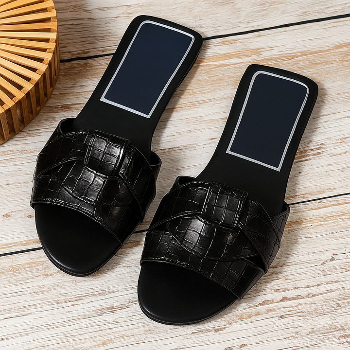 Stylish women's Harper flat slide sandals. Ideal comfort footwear for casual summer days & easy slip-on wear.