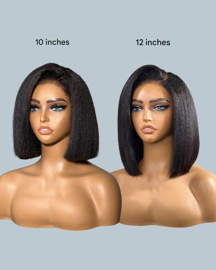Black kinky straight HD lace wig, 5x5 closure, pre-plucked virgin human hair, natural hairline