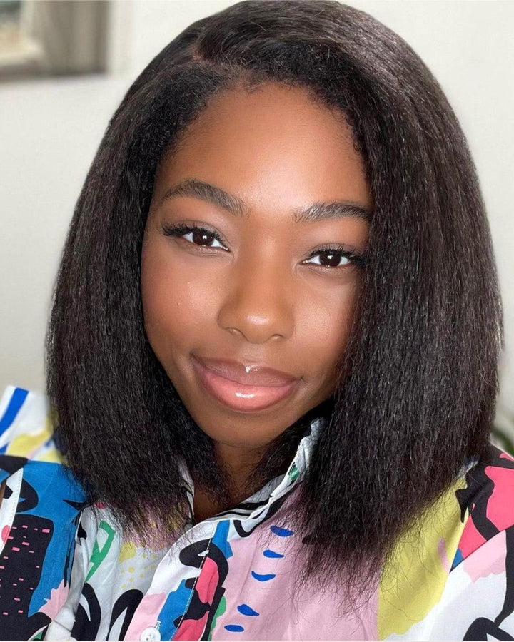 Kinky straight HD lace wig for women, 5x5 closure, ready to wear human hair in natural black