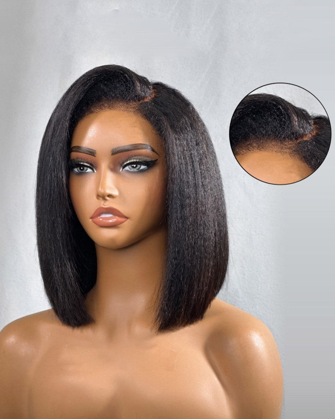 Women's kinky straight human hair wig, 5x5 HD lace closure, natural black, easy to wear