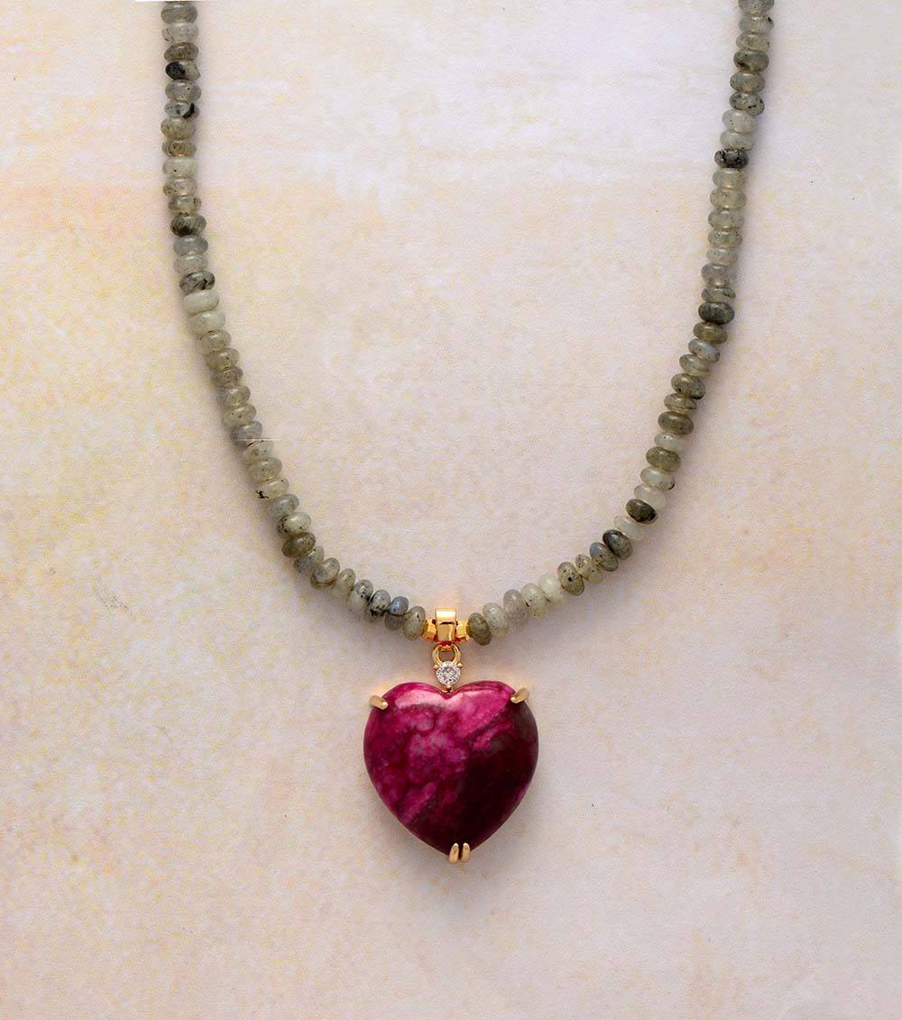 Women's Healing Heart beaded necklace with Jasper & Labradorite gemstones. Soothing spiritual energy jewelry.
