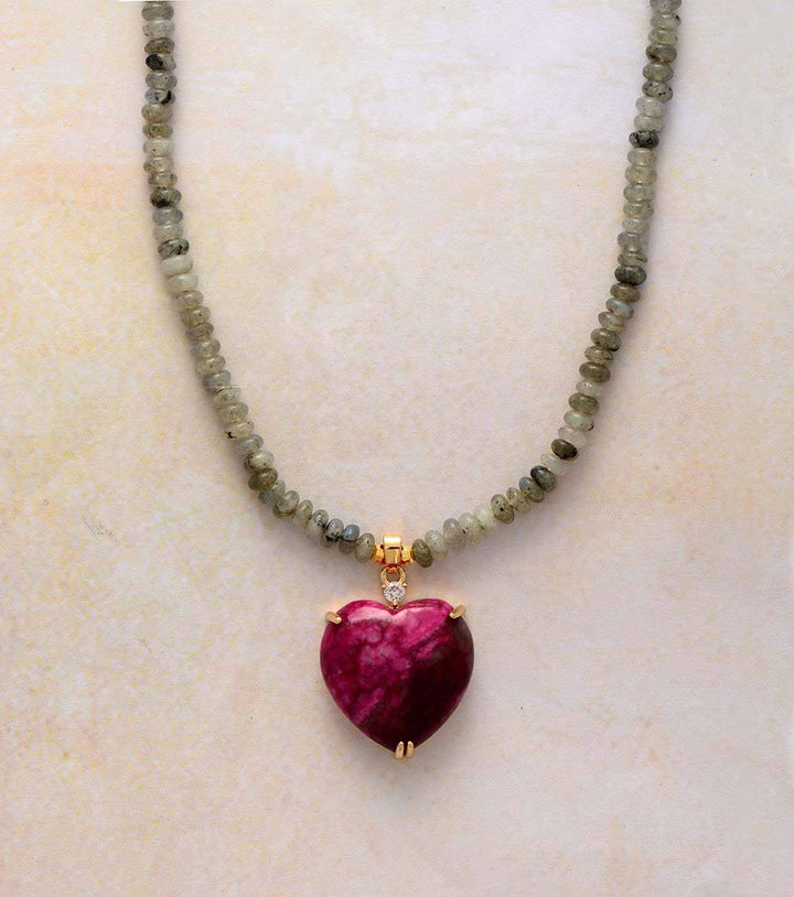Women's Healing Heart beaded necklace with Jasper & Labradorite gemstones. Soothing spiritual energy jewelry.