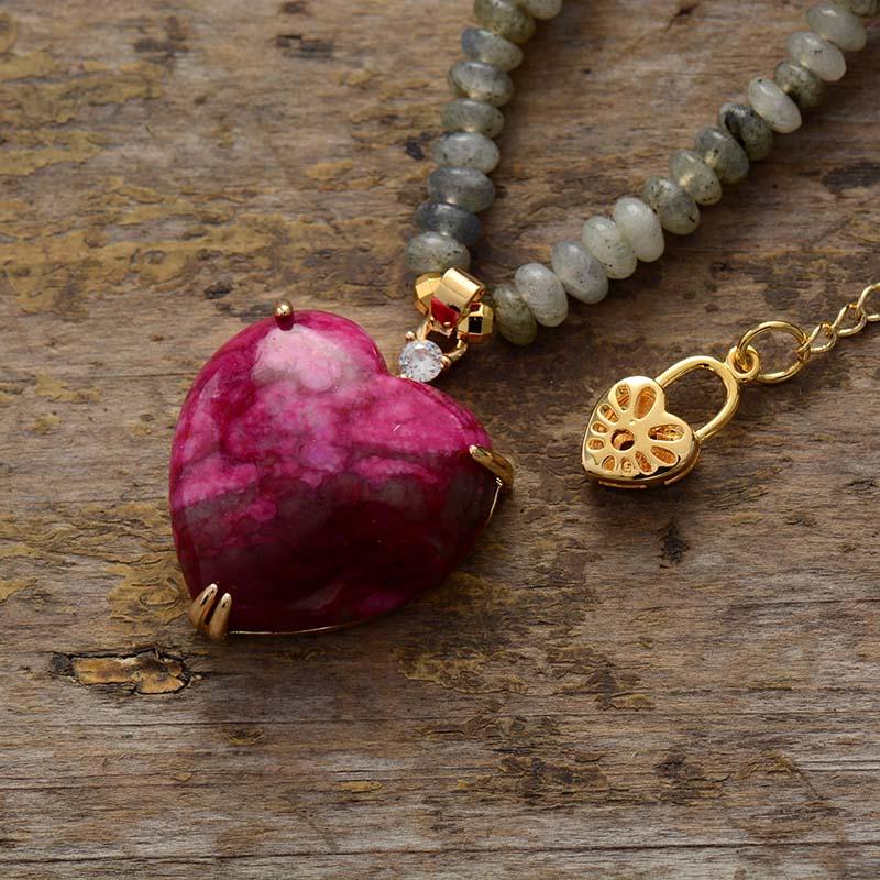 Handmade Jasper & Labradorite gemstone bead necklace for women. Features a heart design, offering soothing energy.