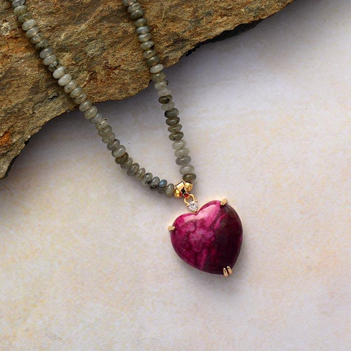 Womens healing necklace with Jasper & Labradorite beads. Spiritual gemstone jewelry promoting soothing energy & well-being.
