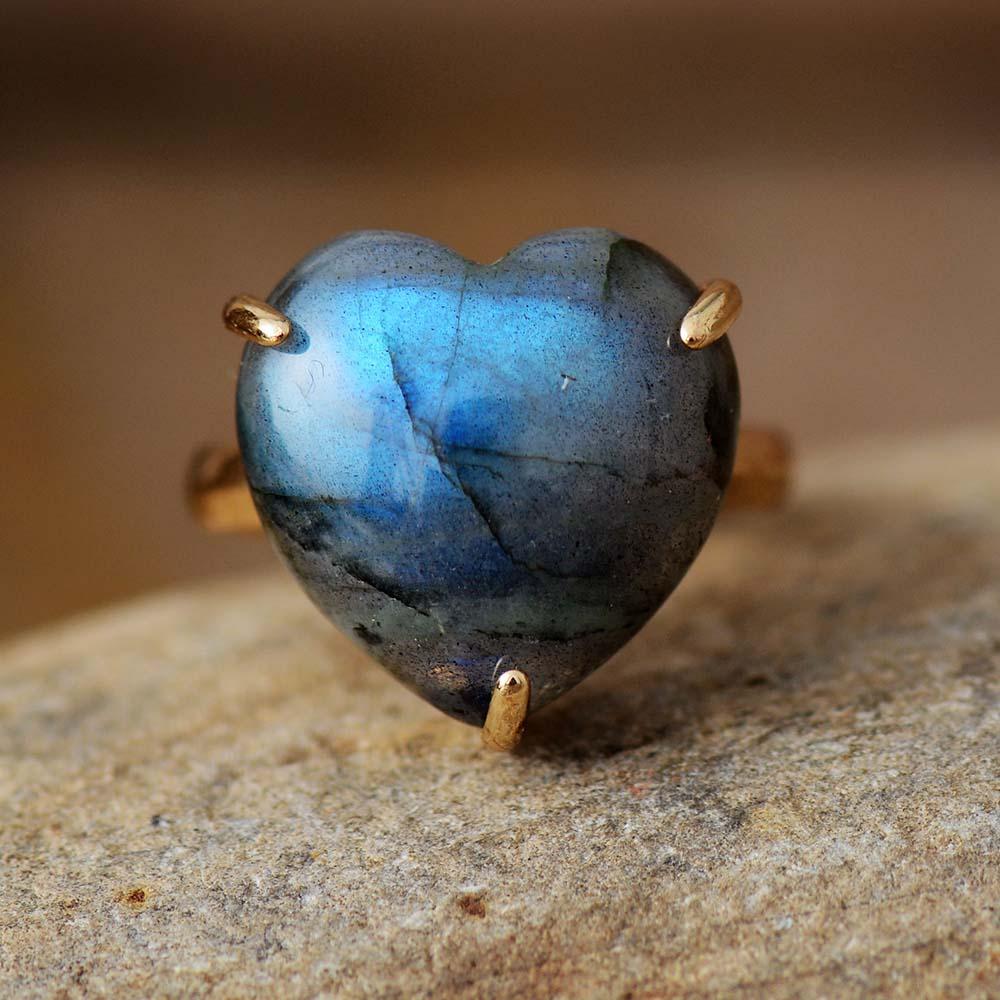Women's Healing Heart Gemstone Ring with natural apatite. Adjustable spiritual jewelry, wellness gift.