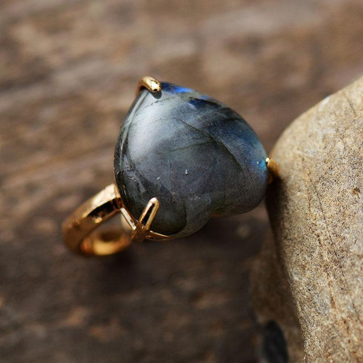 Handmade women's heart ring with labradorite gemstone. Adjustable healing spiritual jewelry for wellness.