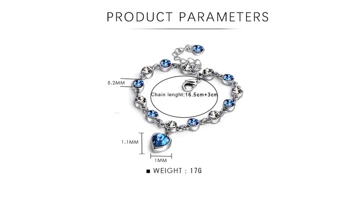 Side view of women's Heart of the Ocean crystal bracelet, highlighting unique heart-shaped blue crystal.