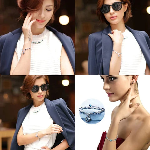Luxury women's Heart of the Ocean crystal bracelet, intricate design with shimmering blue heart, adjustable.