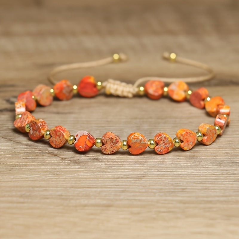 Adjustable natural stone heart bead bracelet for women, stackable design with gold accent.