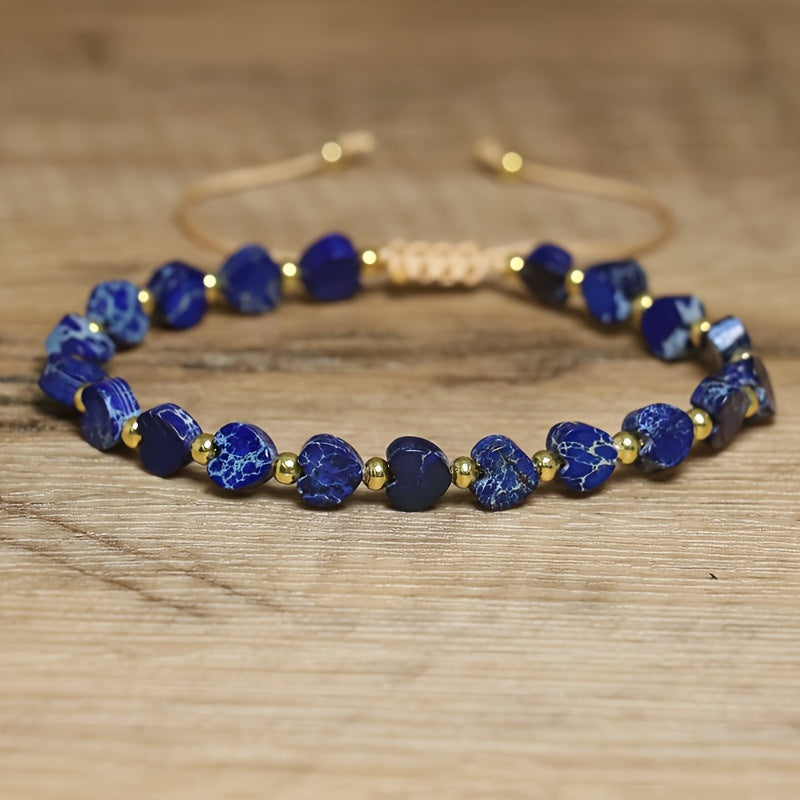 Stackable heart-shaped gemstone bracelet for women, colorful natural stone beads, gold details.