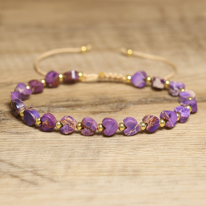 Elegant women's heart gemstone jewelry, a natural stone bead bracelet with a gold accent, adjustable.