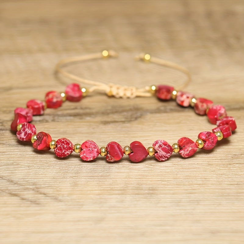 Close-up of a vibrant heart gemstone bead bracelet for women, natural stones & gold accent.