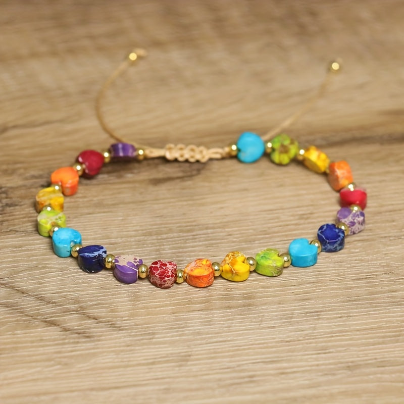 Gift for her: Women's adjustable heart gemstone bracelet, colorful natural stone beads, stackable.
