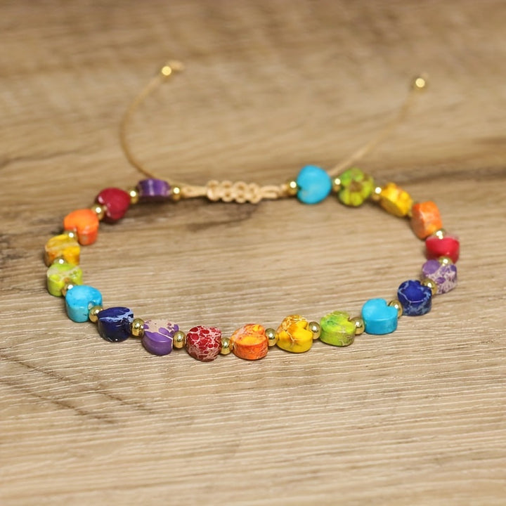 Gift for her: Women's adjustable heart gemstone bracelet, colorful natural stone beads, stackable.