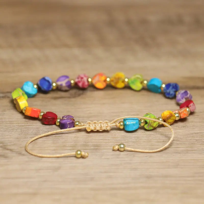 Women's colorful heart-shaped gemstone bead bracelet, natural stone, gold accent, stackable.