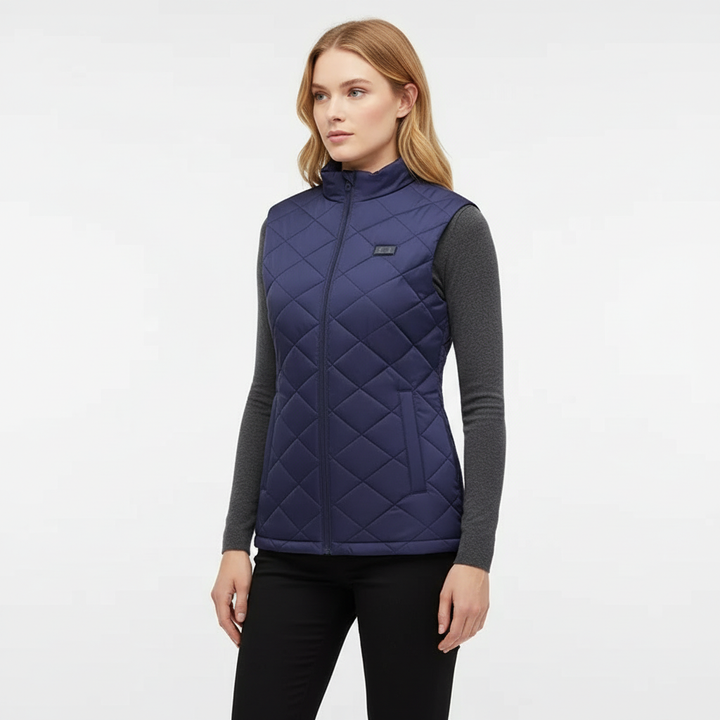 Back view of a women's heated thermal gilet, amber, perfect for cold weather activities