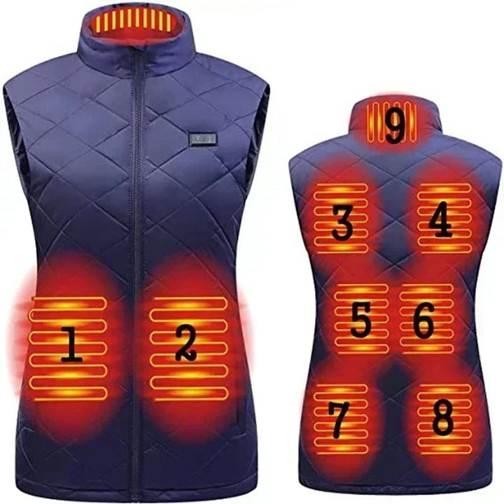 Woman wearing an amber heated vest outdoors, demonstrating warmth and style