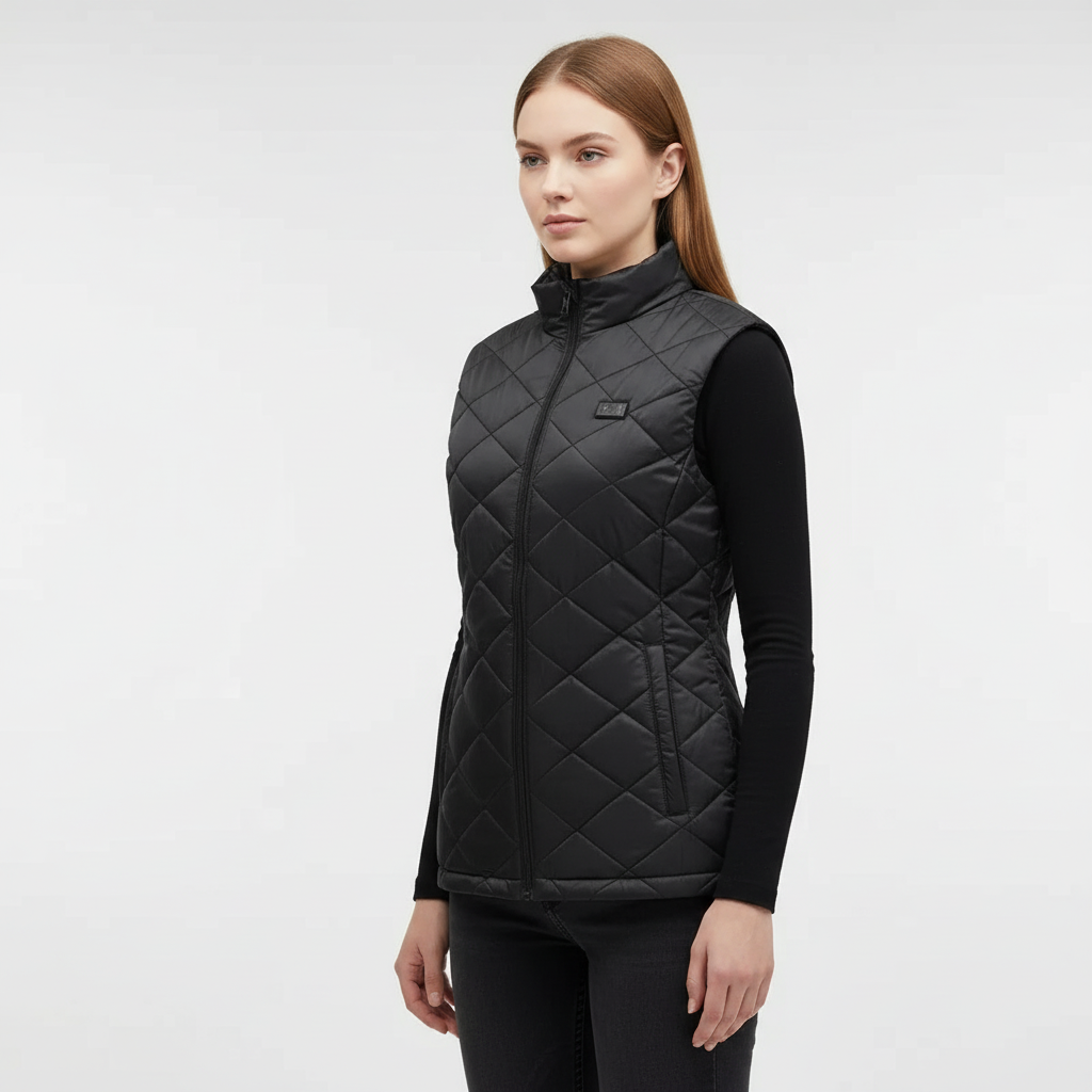 Front view of a women's amber electric thermal vest, nine heating zones visible