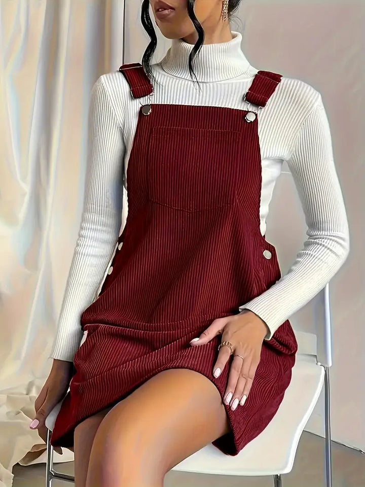 Women's versatile pinafore dress in deep red, comfortable & relaxed for autumn winter fashion.