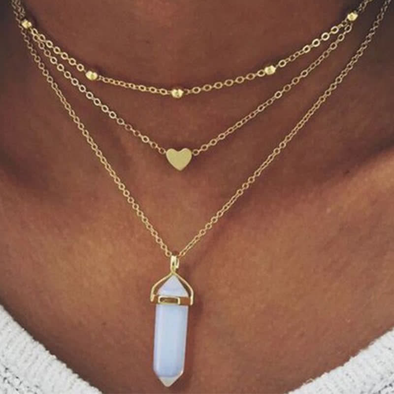 Stylish women's Hexagon Gemstone Crystal Necklace, Aurora glow. Spiritual jewelry gift.