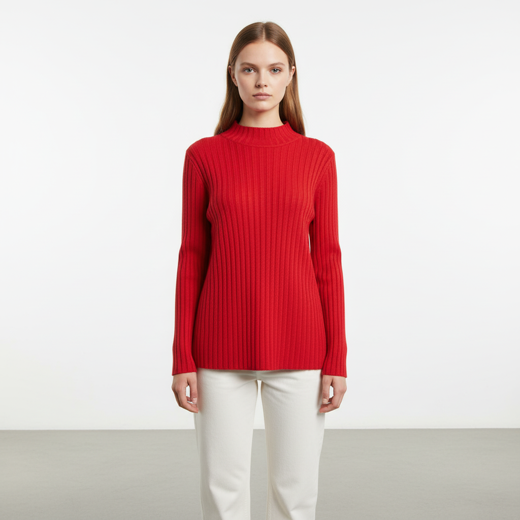 Full body shot of a woman wearing the high collar knitted long sleeve jumper, stylish