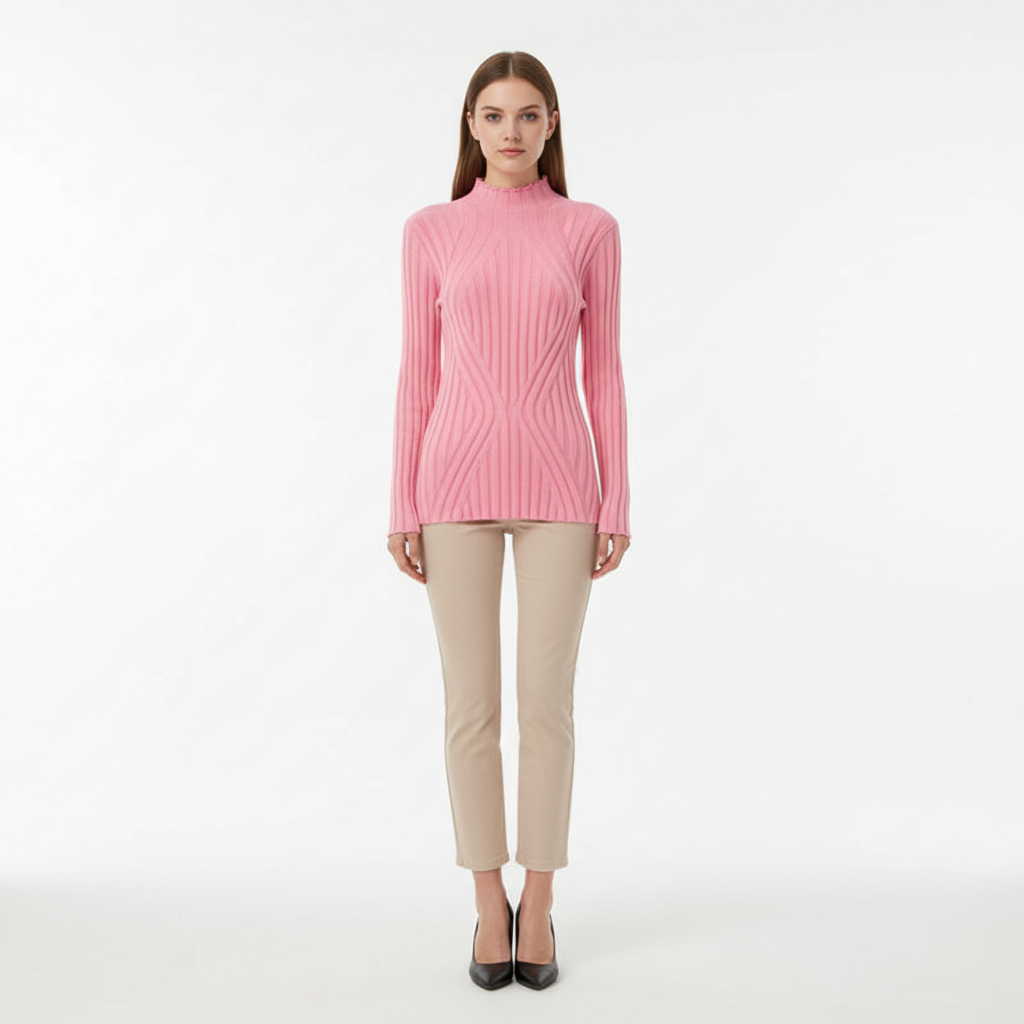 Stylish women's A-line knitted jumper with high collar, long sleeves, comfortable design