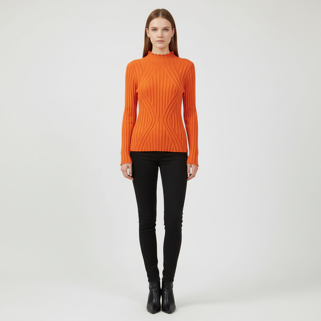 Elegant women's high collar knitted jumper, long sleeves, ideal for stylish winter outfits