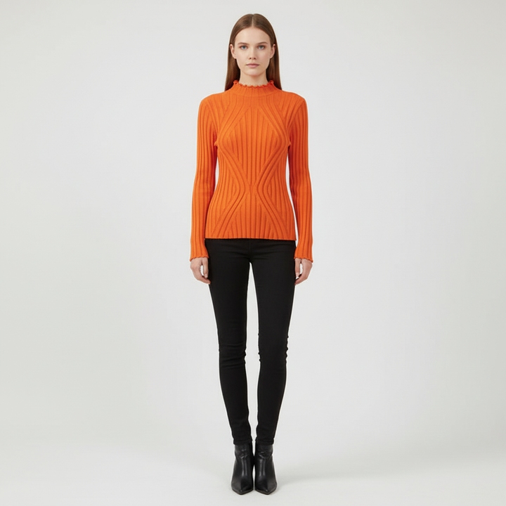 Elegant women's high collar knitted jumper, long sleeves, ideal for stylish winter outfits