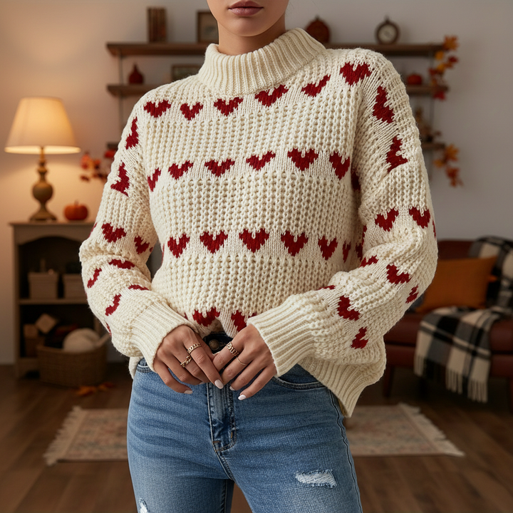 Women's high collar sweater, heart pattern, white on pink, cozy acrylic knit for winter