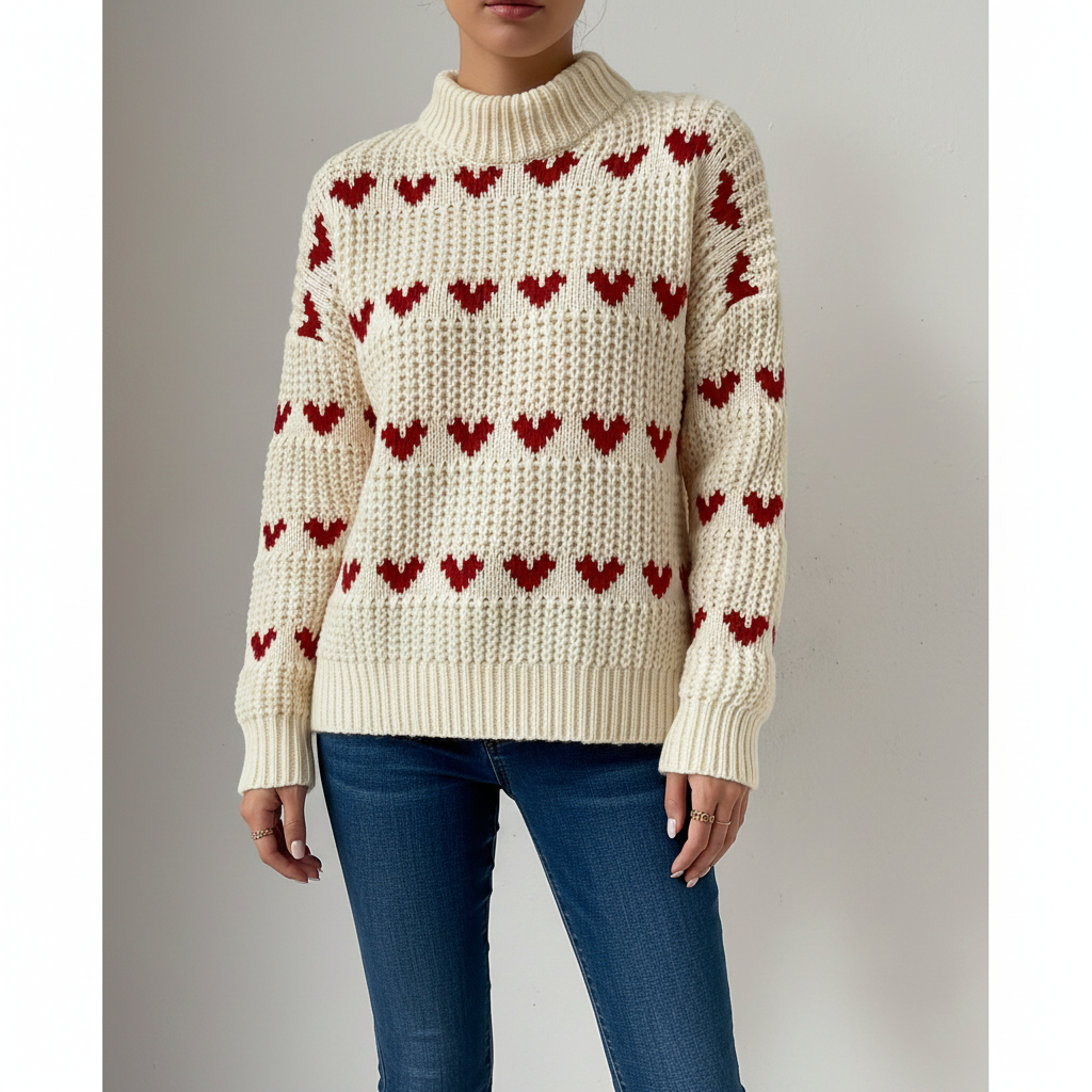 Close-up of heart pattern on women's pink high collar sweater, soft acrylic knit texture