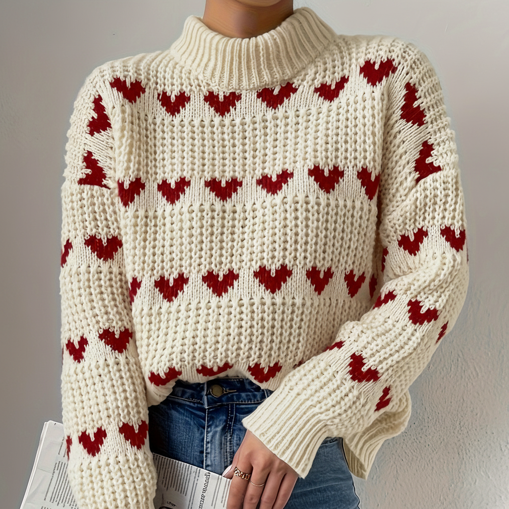 Stylish woman wearing a loose fit, pink heart pattern high collar sweater, casual winter fashion
