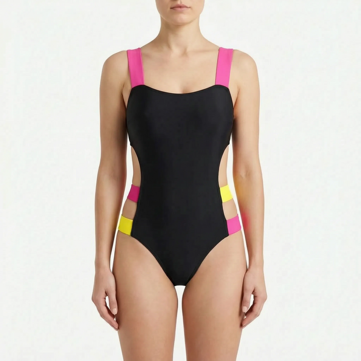 Sleek women's high-cut monokini with modern cutout design & striking neon accents. Ideal one-piece for vacation.