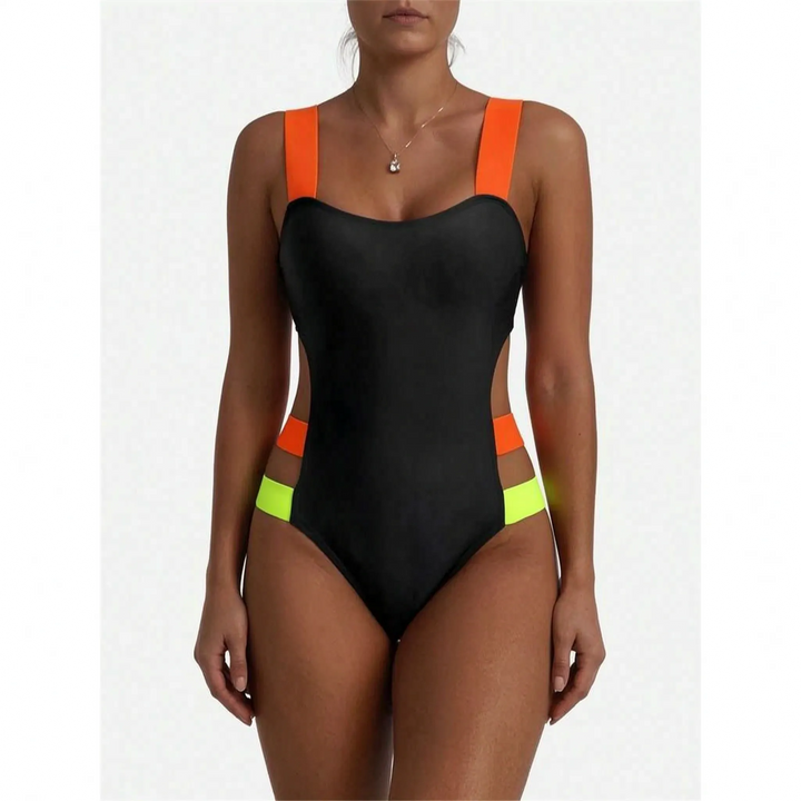 Fashionable women's one-piece monokini swimsuit. High-cut, cutout details & bold neon accents define this beachwear.