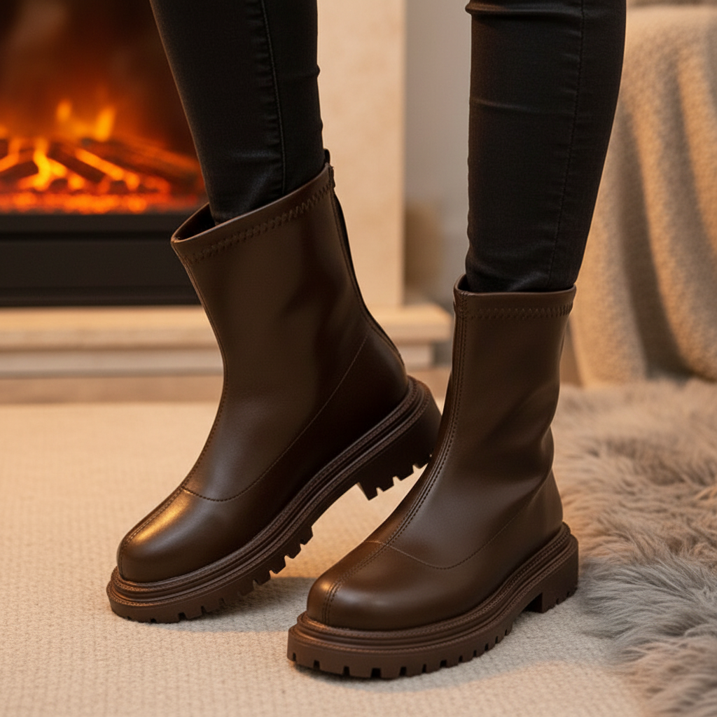 Women's high-cut platform winter boots, black PU leather, warm lining, fashion footwear