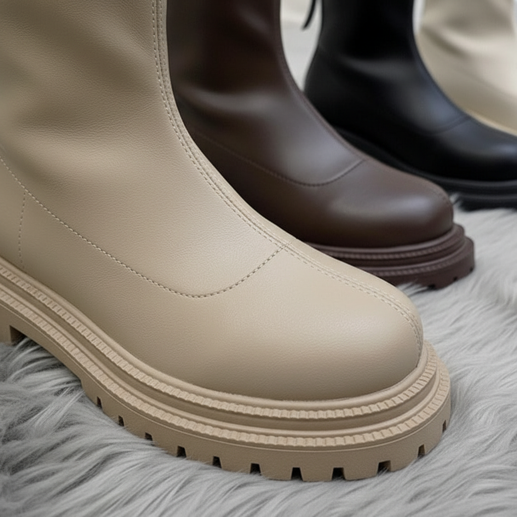Black high-cut winter boots for women with platform sole, durable PU leather finish
