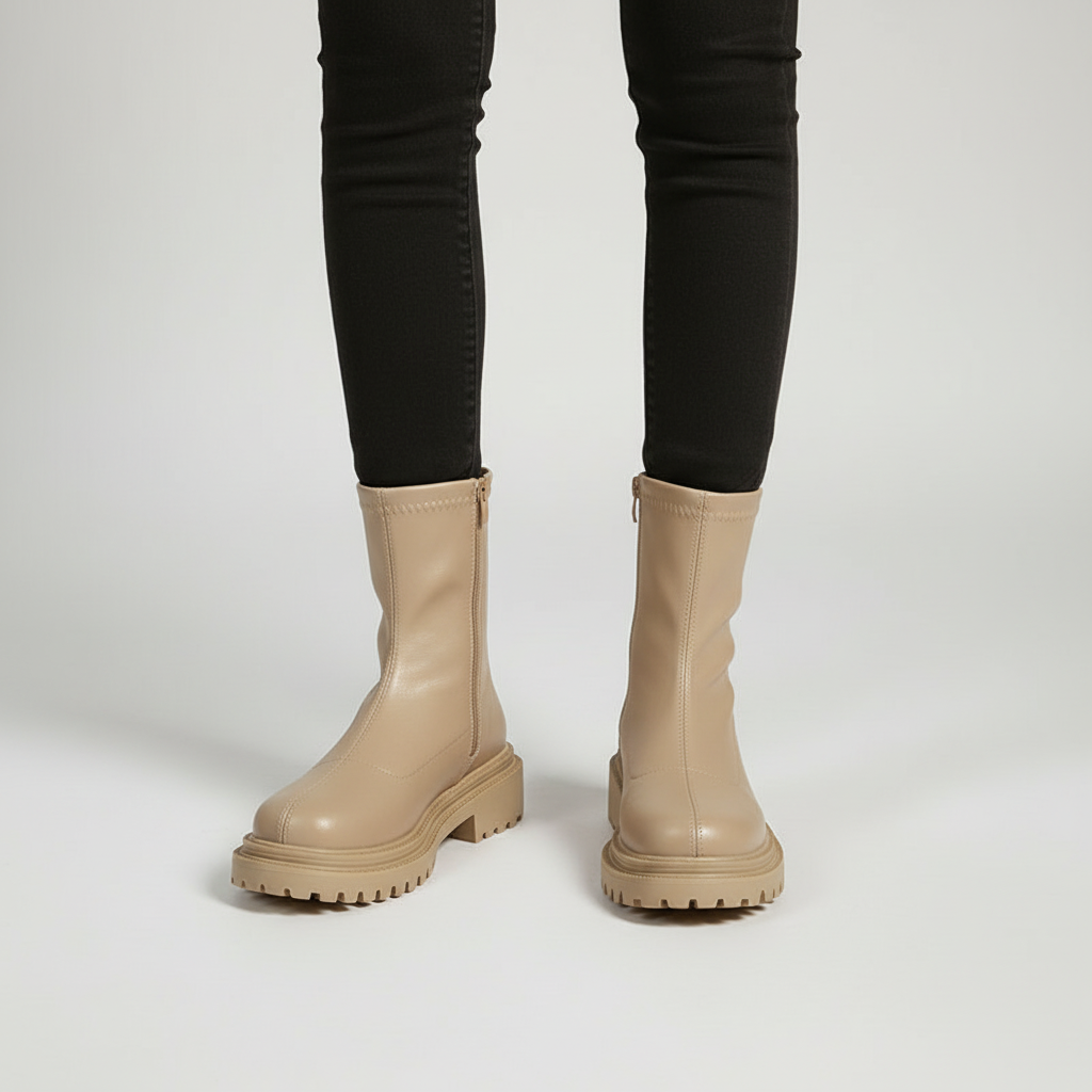 Warm & comfortable women's high-cut platform boots, black PU leather, Regina design