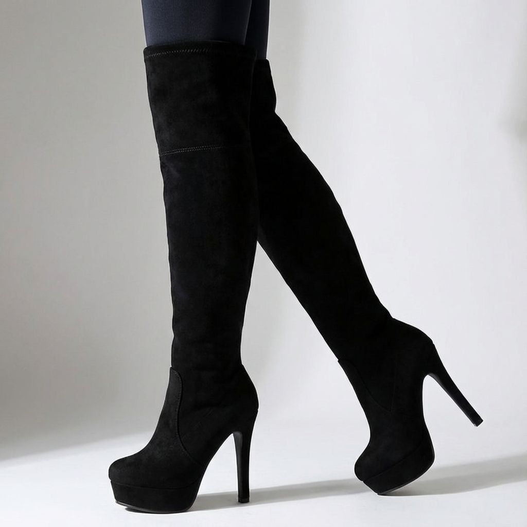 Chic women's over-the-knee high heel boots, perfect for confident city style & winter fashion.