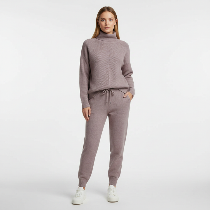 Women's two-piece casual lounge set, high-neck top with long sleeves and cozy, breathable pants