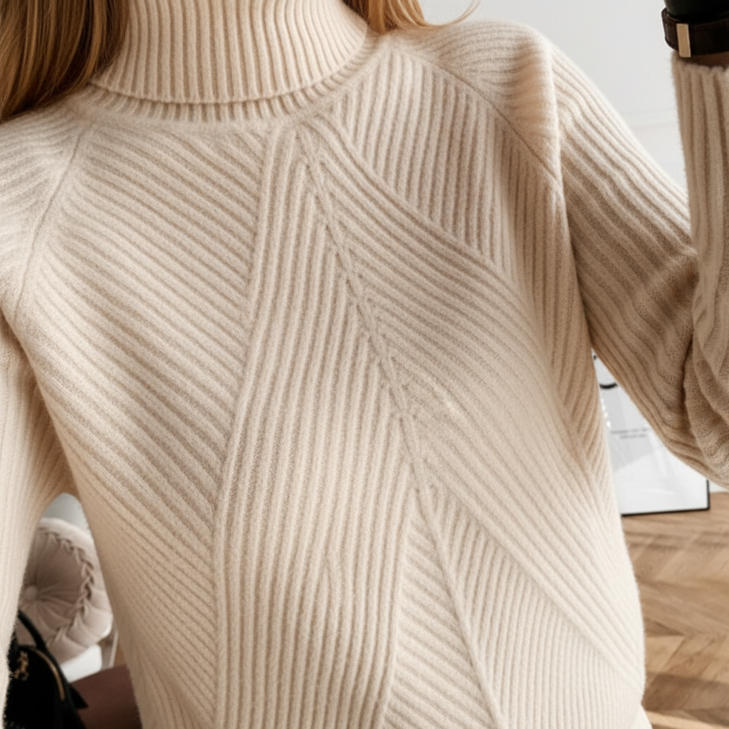 Breathable women's long-sleeve high-neck top and matching pants lounge set in a neutral color