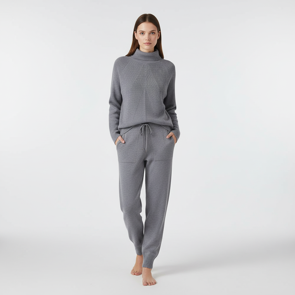 Elastic waist and high-neck women's loungewear set, designed for maximum comfort and style