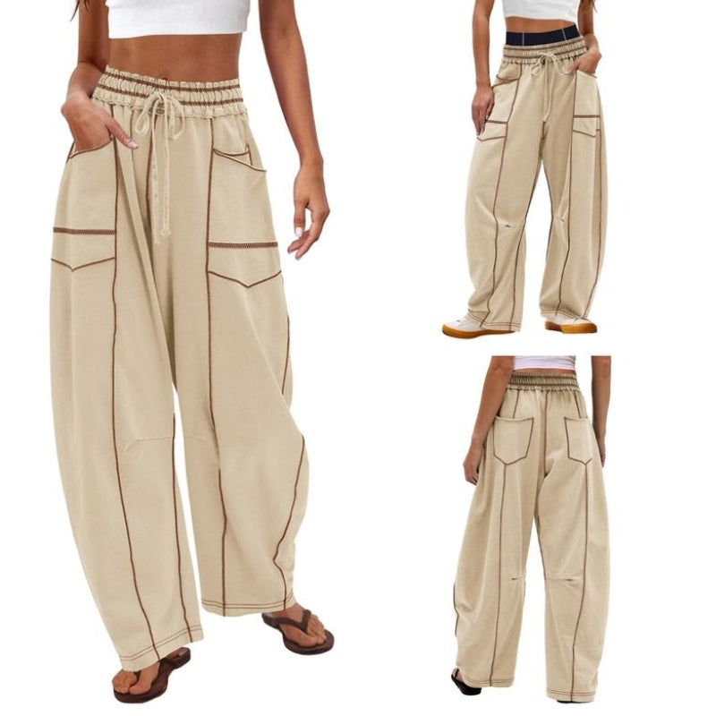 Close-up of high-rise women's barrel leg sweatpants, perfect for lounge wear & casual everyday style.