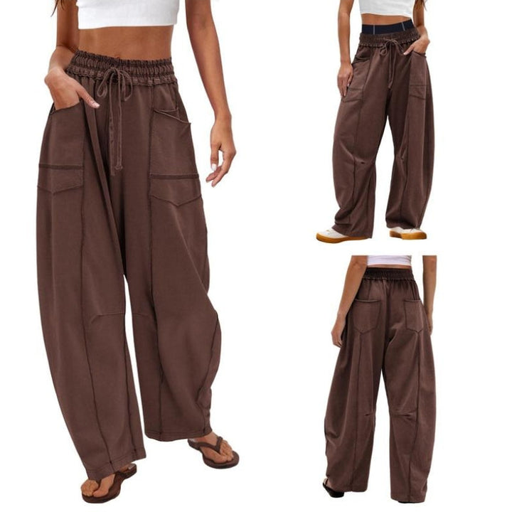 Detail of comfortable fabric on women's barrel leg sweatpants, ideal for relaxed fit lounge wear.