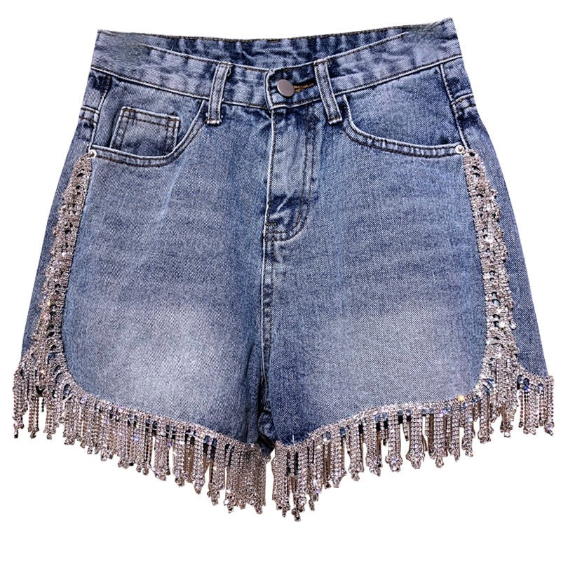 Women's high-rise blue denim shorts for summer fashion, perfect for casual and everyday wear.