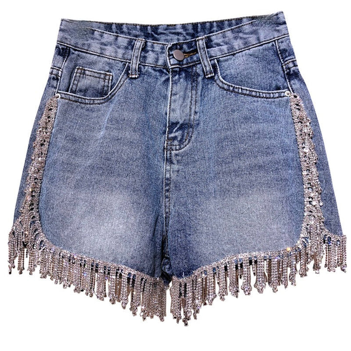Women's high-rise blue denim shorts for summer fashion, perfect for casual and everyday wear.