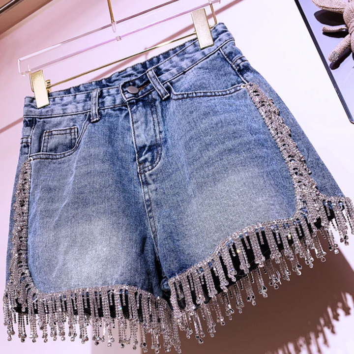 Versatile high-rise blue shorts for women, ideal for warm weather and comfortable summer casual outfits.